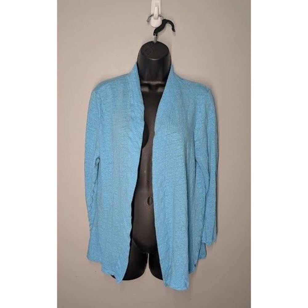 J. Jill Love Linen Open Front Cardigan Sweater Sz L Teal Blue Teacher Classic